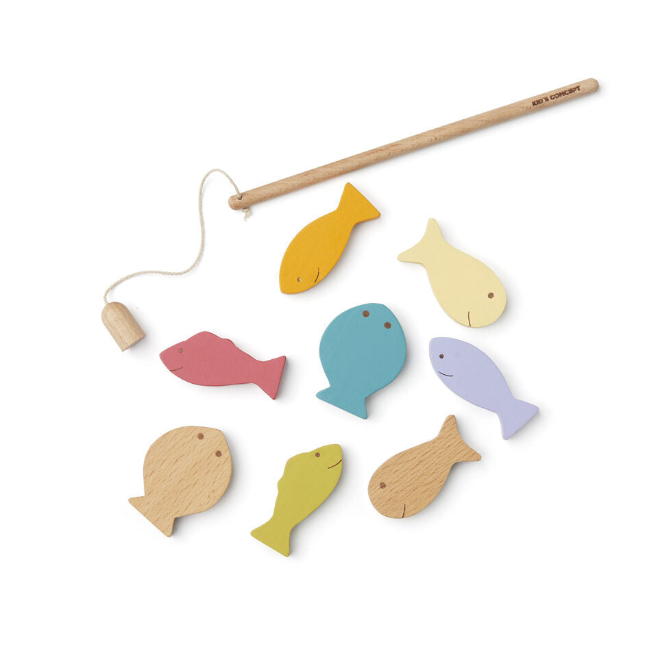 Set of colorful wooden fish toys with a fishing rod on a white background