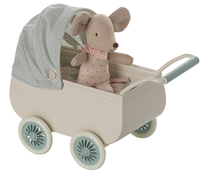 Maileg Pram with baby mouse - Mint (New 2025)