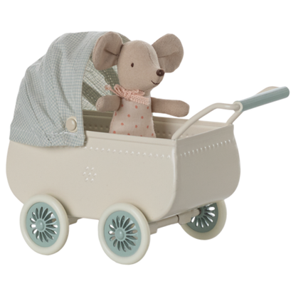 Maileg Pram with baby mouse - Mint (New 2025)