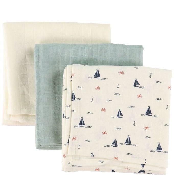 Muslin Cloth 3-pack - Sailboats, Petroleum, Creme White