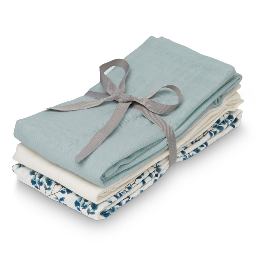 Muslin Cloth 3-pack - Mix Fiori, Petroleum, Creme White
