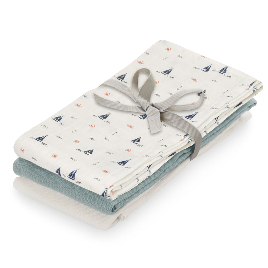 Muslin Cloth 3-pack - Sailboats, Petroleum, Creme White